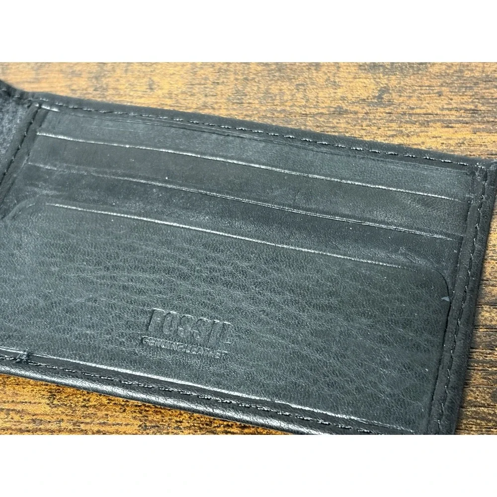Fossil Leather Card Wallet Black Bifold Slim ID + 5 Card Slots